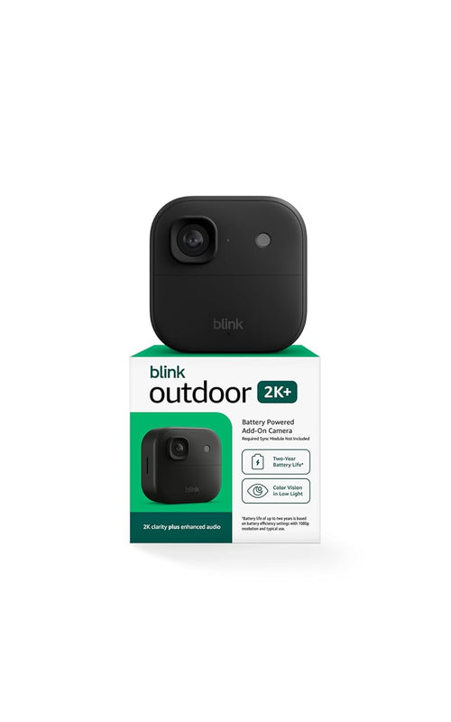 Blink Outdoor 2K+ (newest model) — Wireless smart security camera, 2K video resolution, enhanced audio, two-year battery. Required Sync Module not included — Add-On (Black)