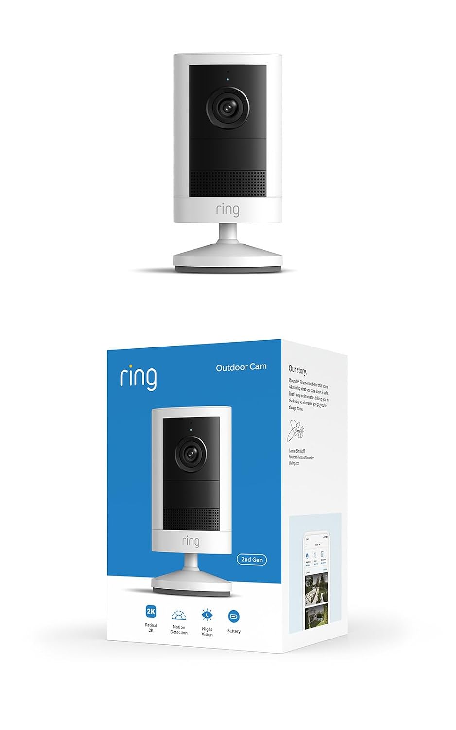 Ring Outdoor Cam 2K (newest model), Battery, Home or business security, Wide-Angle Retinal 2K Video, 6x Enhanced Zoom, Night Vision, White