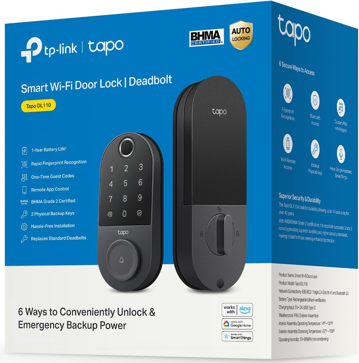 Tapo Smart Wi-Fi Door Lock, Deadbolt, Fingerprint Recognition, DL110