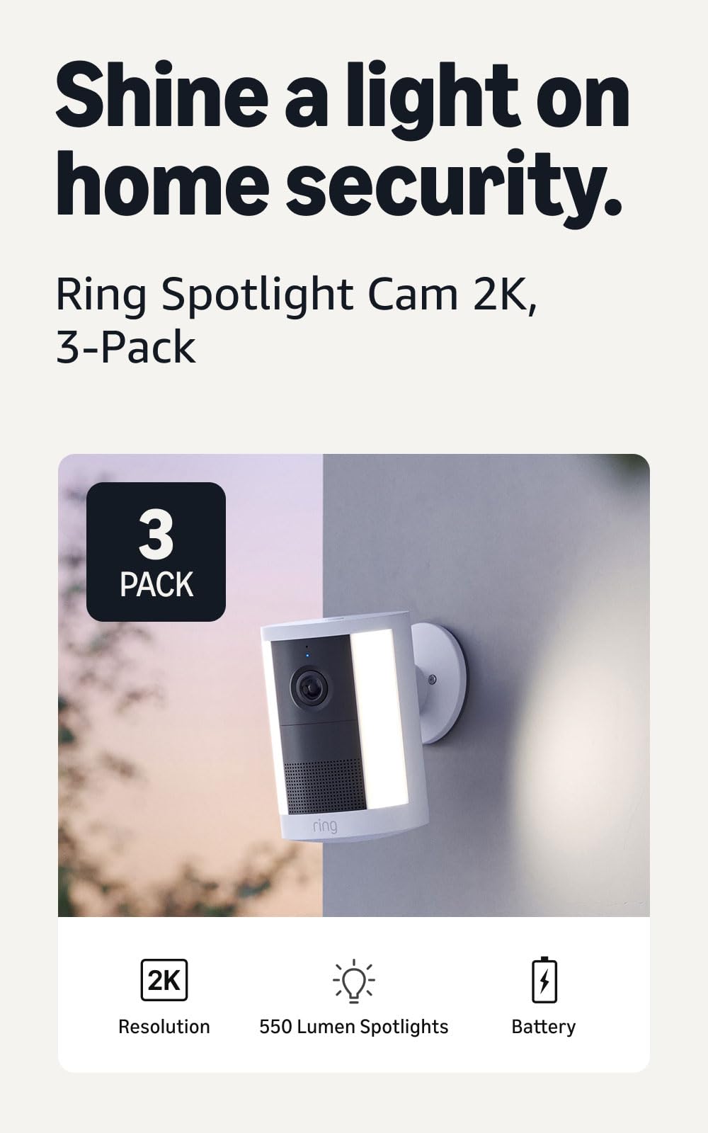 Ring Outdoor Cam 2K (newest model), Battery, Home or business security, Wide-Angle Retinal 2K Video, 6x Enhanced Zoom, Night Vision, White