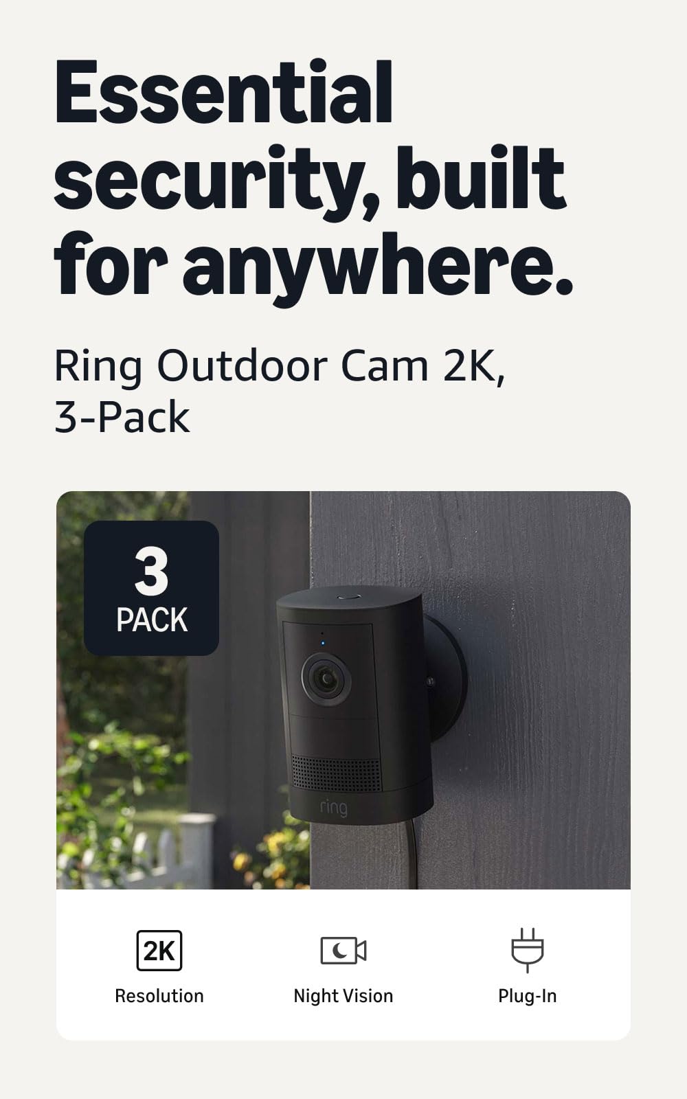 Ring Outdoor Cam 2K (newest model), Battery, Home or business security, Wide-Angle Retinal 2K Video, 6x Enhanced Zoom, Night Vision, White