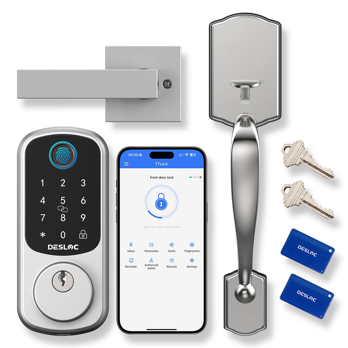 DESLOC B200 Fingerprint Smart Lock with 2 Lever Handles Set,Front Door Lock