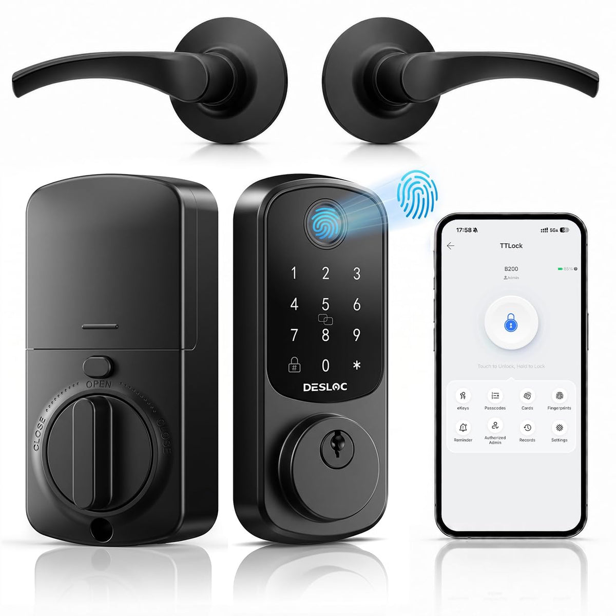 DESLOC B200 Fingerprint Smart Lock with 2 Lever Handles Set,Front Door Lock