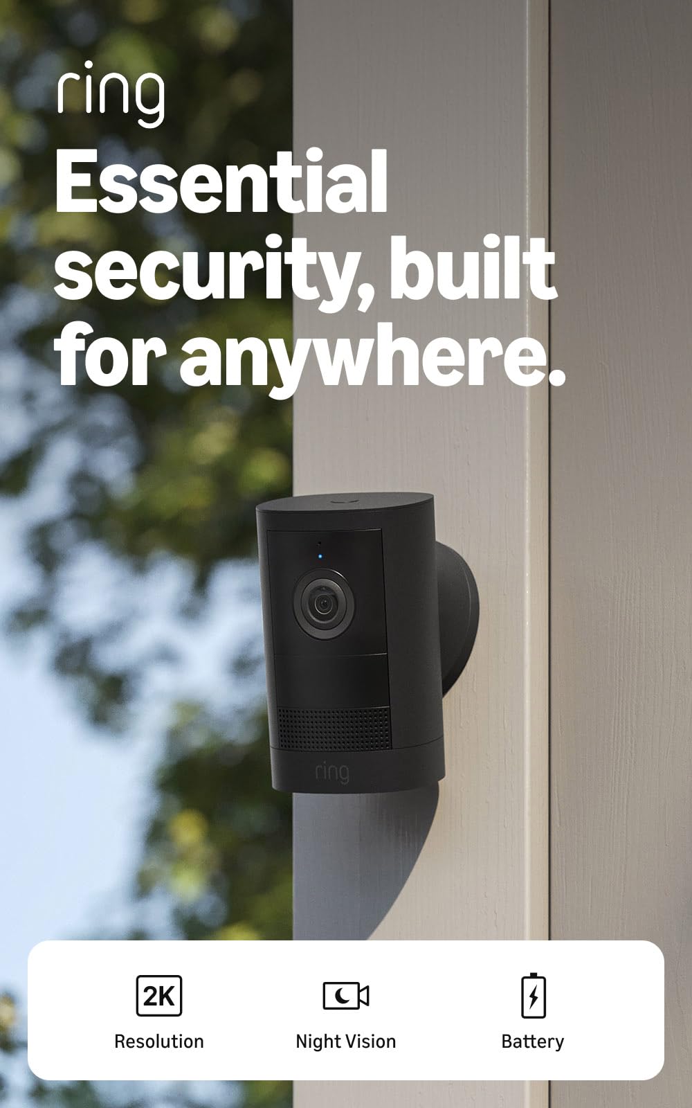 Ring Outdoor Cam 2K (newest model), Battery, Home or business security, Wide-Angle Retinal 2K Video, 6x Enhanced Zoom, Night Vision, White