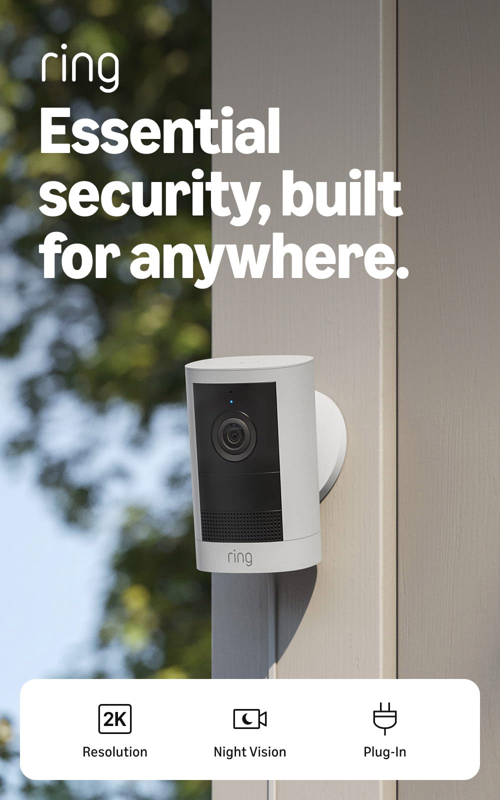 Ring Outdoor Cam 2K (newest model), Battery, Home or business security, Wide-Angle Retinal 2K Video, 6x Enhanced Zoom, Night Vision, White