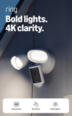 Ring Floodlight Cam 4K Pro (newest model), Wired, Retinal 4K with wide-angle video, 10x Enhanced Zoom, and 2000 Lumen Floodlights, White