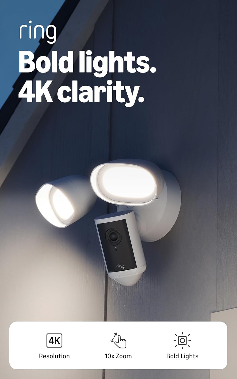 Ring Floodlight Cam 4K Pro (newest model), Wired, Retinal 4K with wide-angle video, 10x Enhanced Zoom, and 2000 Lumen Floodlights, White