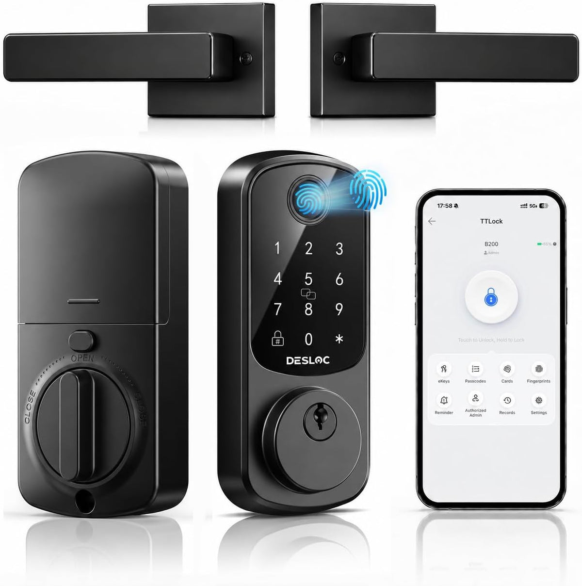 DESLOC B200 Fingerprint Smart Lock with 2 Lever Handles Set,Front Door Lock
