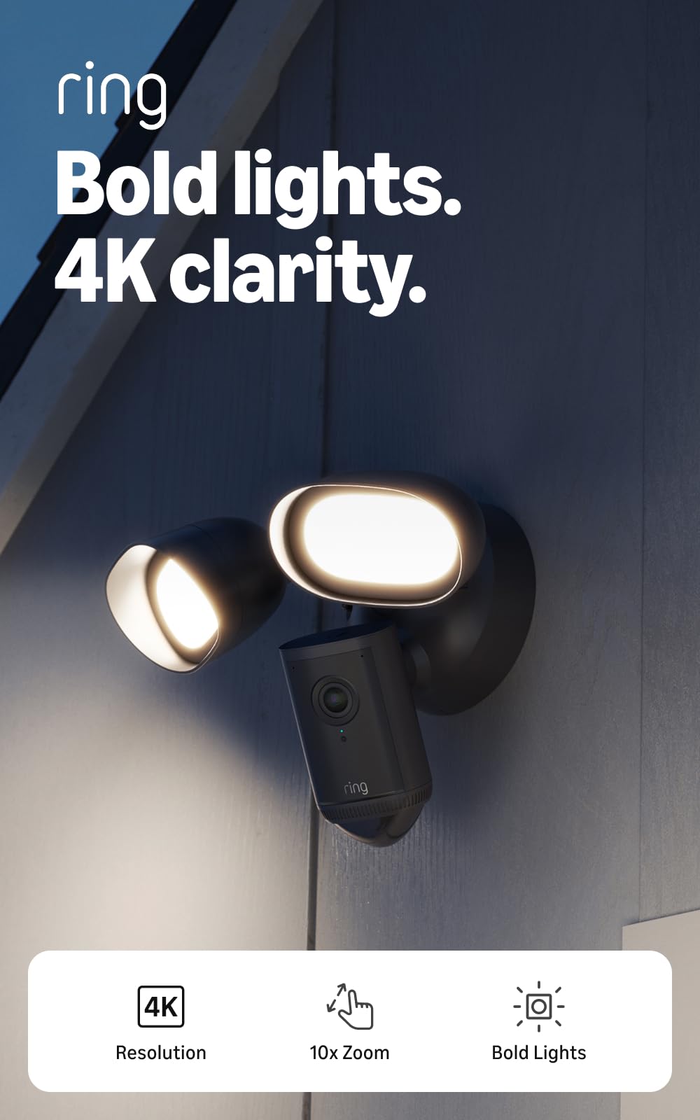 Ring Floodlight Cam 4K Pro (newest model), Wired, Retinal 4K with wide-angle video, 10x Enhanced Zoom, and 2000 Lumen Floodlights, White