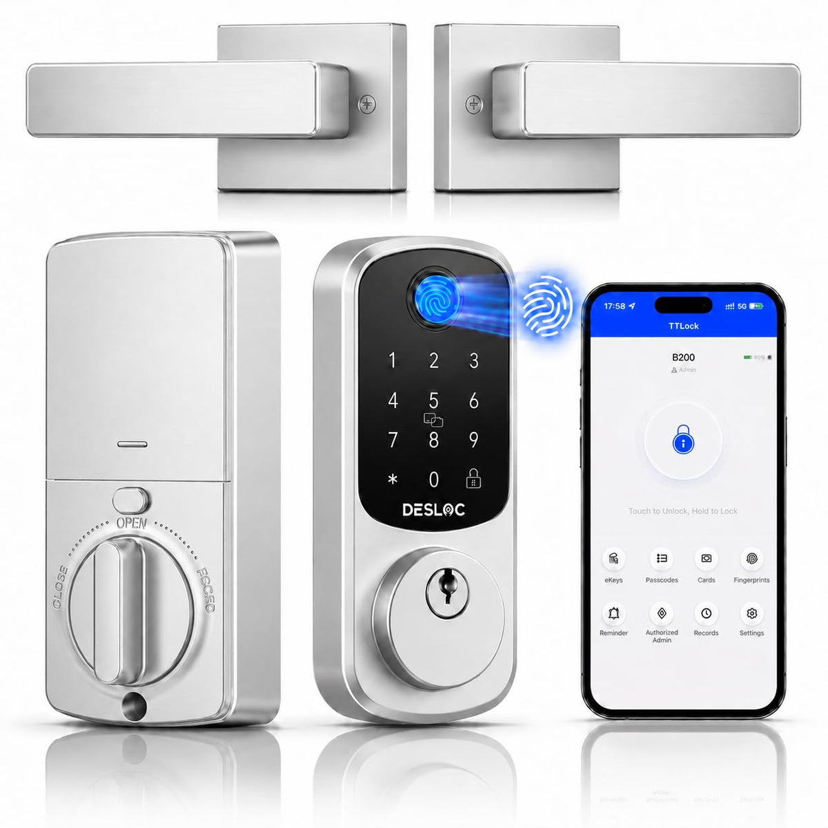 DESLOC B200 Fingerprint Smart Lock with 2 Lever Handles Set,Front Door Lock