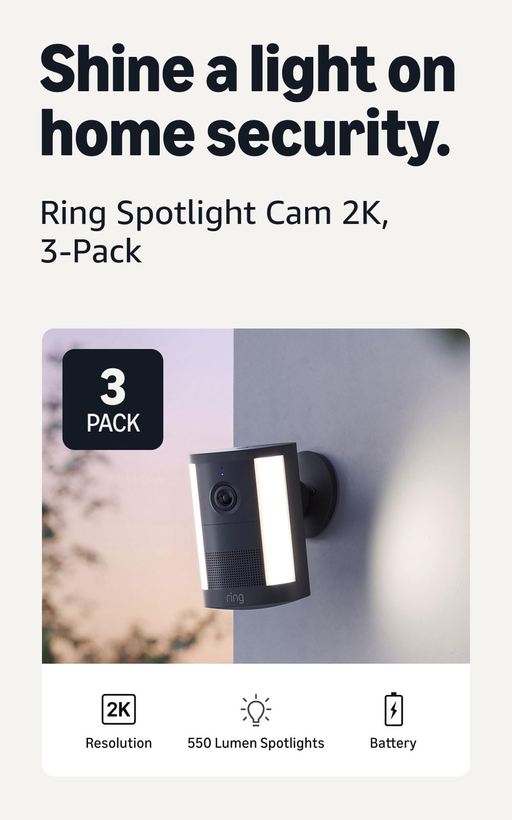 Ring Outdoor Cam 2K (newest model), Battery, Home or business security, Wide-Angle Retinal 2K Video, 6x Enhanced Zoom, Night Vision, White