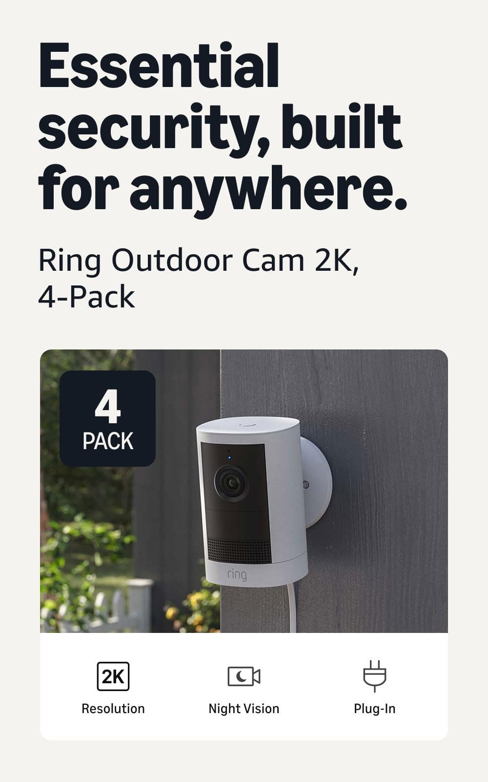Ring Outdoor Cam 2K (newest model), Battery, Home or business security, Wide-Angle Retinal 2K Video, 6x Enhanced Zoom, Night Vision, White