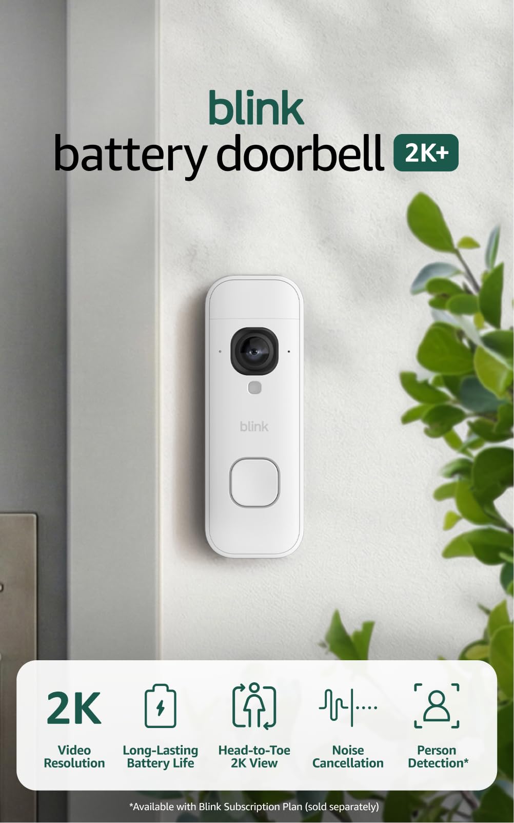 Blink Battery Doorbell 2K+ (newest model) — Wireless video doorbell, 2K resolution, enhanced audio. Required Sync Module not included – Add-On (White)