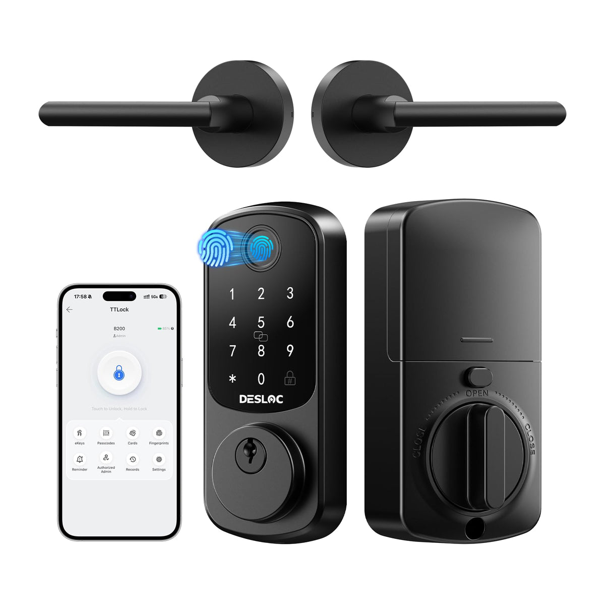 DESLOC B200 Fingerprint Smart Lock with 2 Lever Handles Set,Front Door Lock