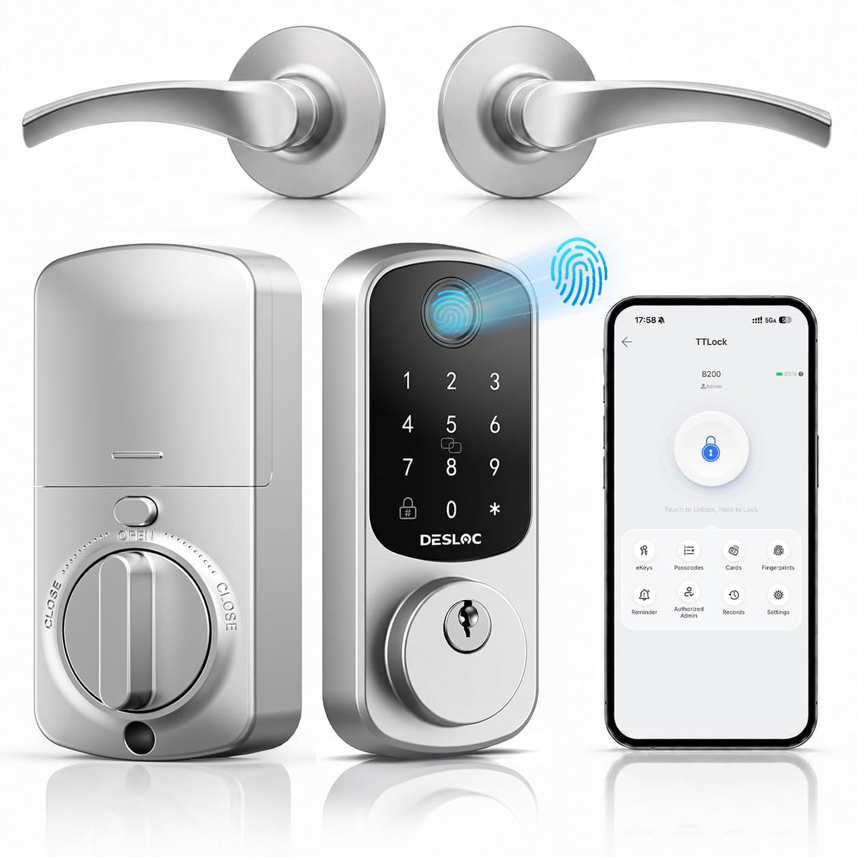 DESLOC B200 Fingerprint Smart Lock with 2 Lever Handles Set,Front Door Lock