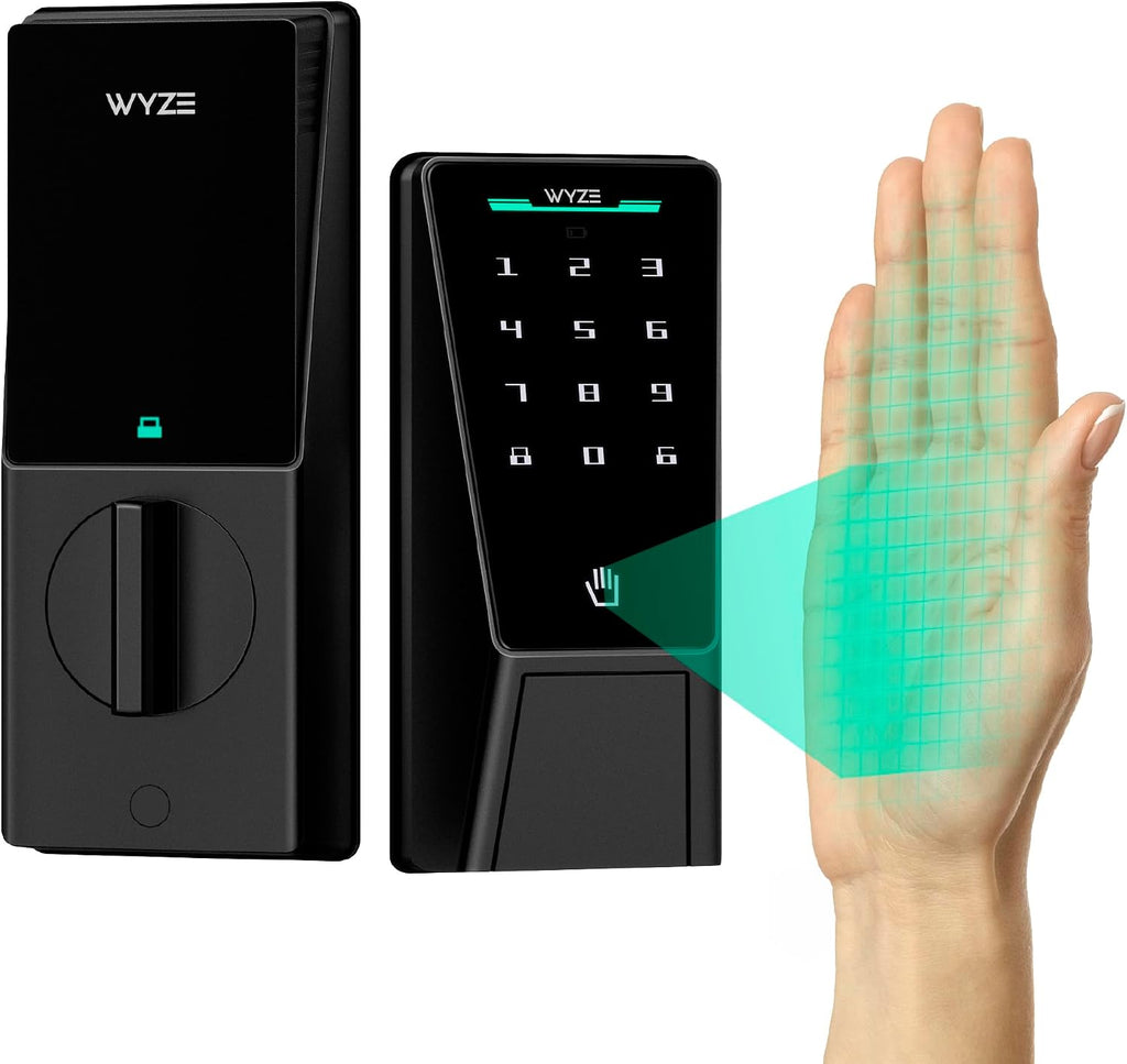 Wyze Palm Lock, Smart Door Lock with Palm Vein Recognition, Keyless Entry Smart Locks for Front Door, Keypad, Auto Lock, Dual Battery, Wi-Fi, Works with Alexa & Google, BHMA, IP53, Mechanical Key