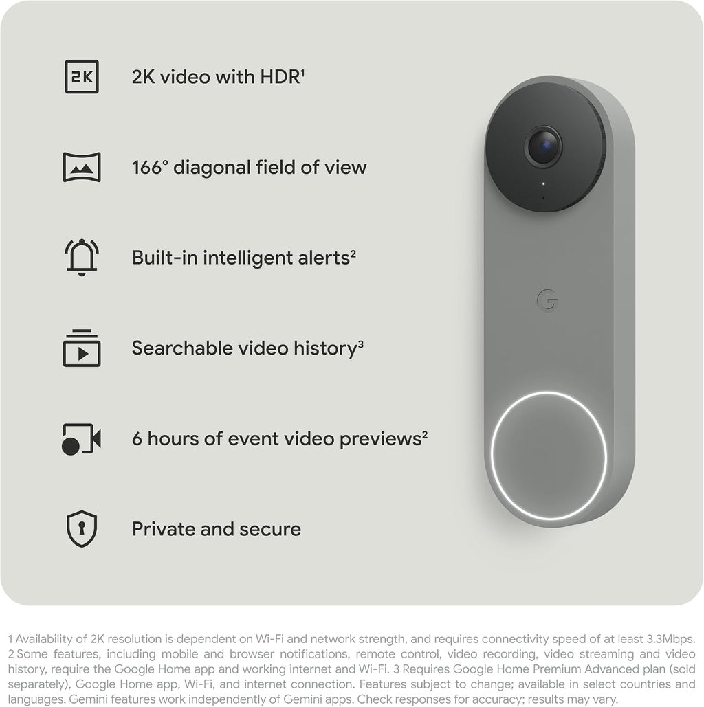 Google Nest Doorbell (Wired, 3rd Gen) - 2K Video, Live View - 2025 - Hazel