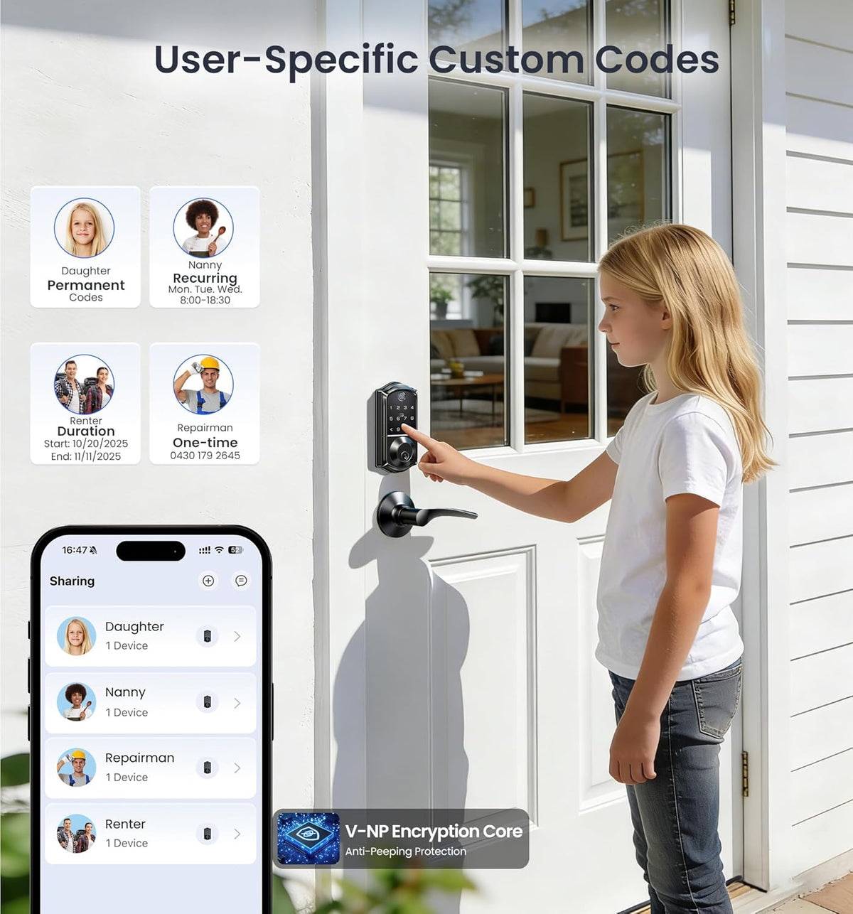 Veise VE017 Fingerprint Smart Door Lock with App Control, Matte Black