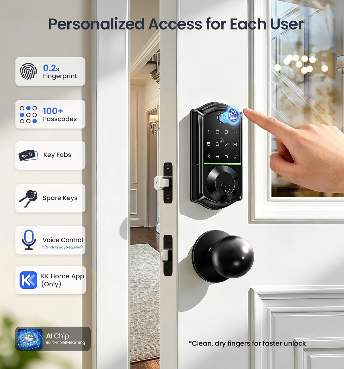 Veise VE017 Fingerprint Smart Door Lock with App Control, Matte Black