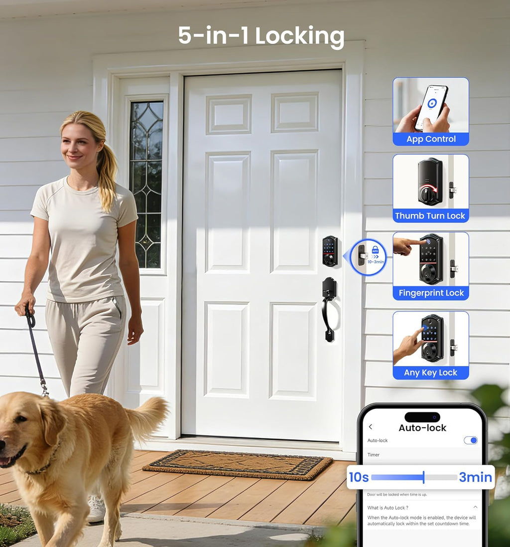 Veise VE017 Fingerprint Smart Door Lock with App Control, Matte Black
