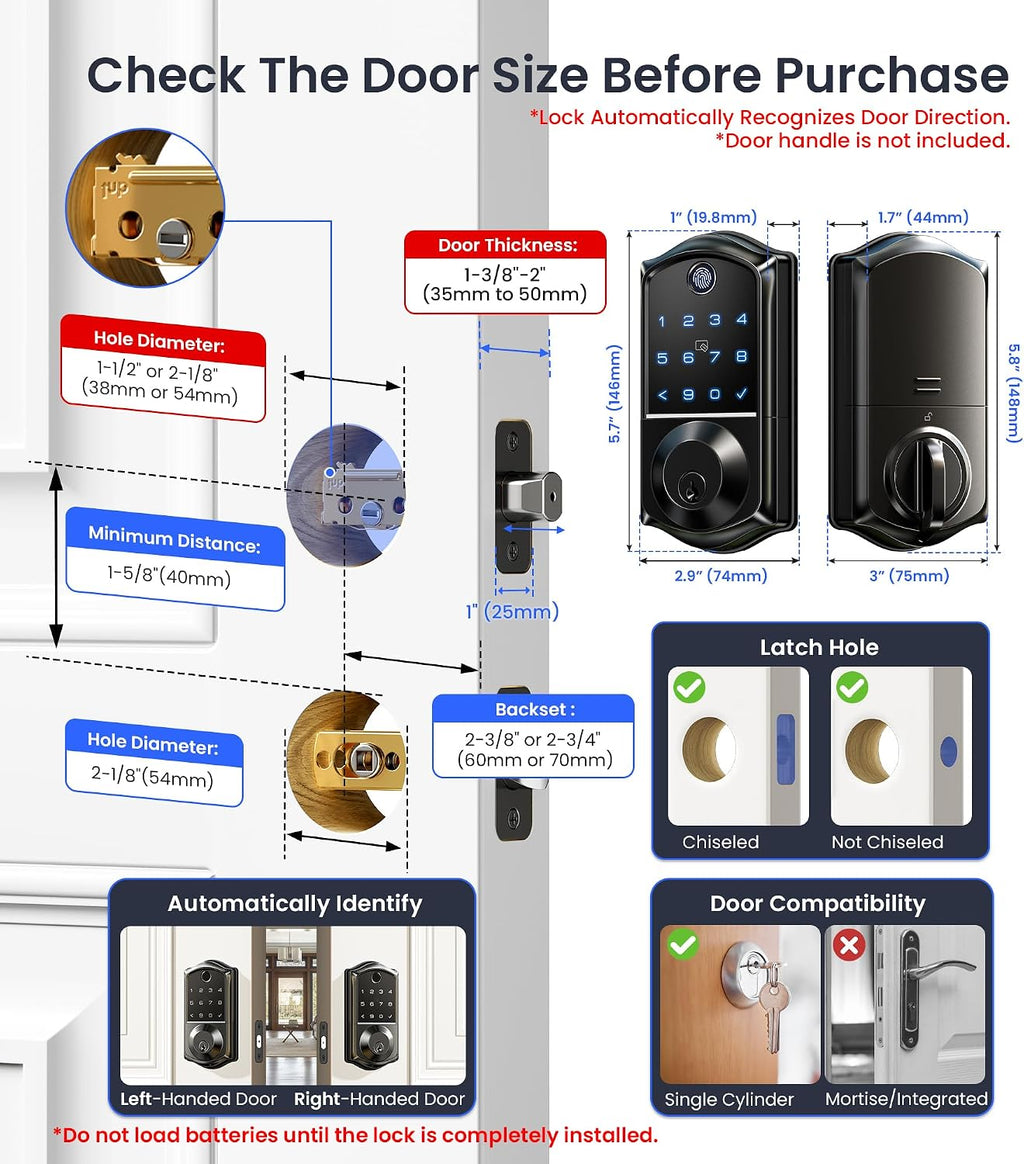 Veise VE017 Fingerprint Smart Door Lock with App Control, Matte Black
