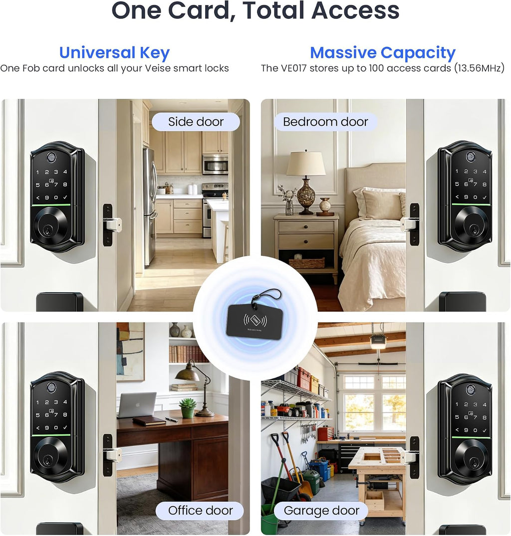 Veise VE017 Fingerprint Smart Door Lock with App Control, Matte Black